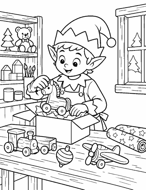 Elf packing wooden toys at a workbench coloring page