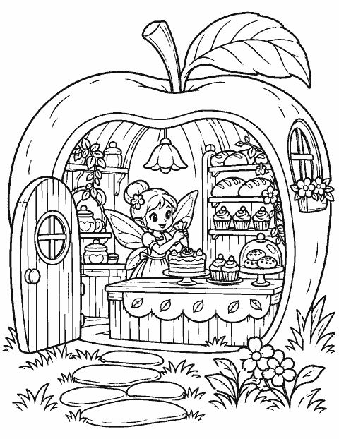 Fairy bakery inside a hollow apple coloring page