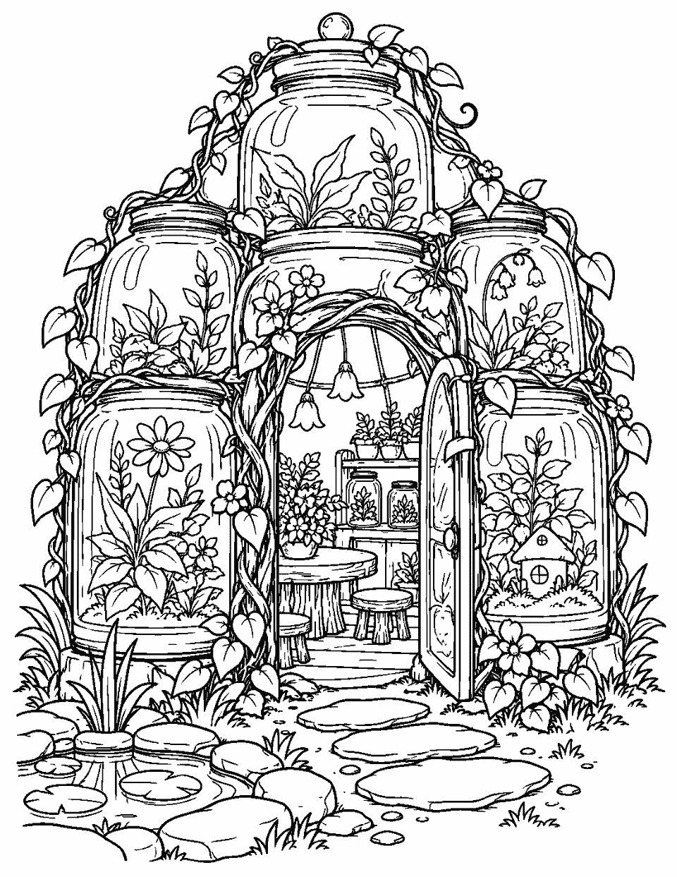 Fairy greenhouse built from glass jars and vines coloring page, black and white line art