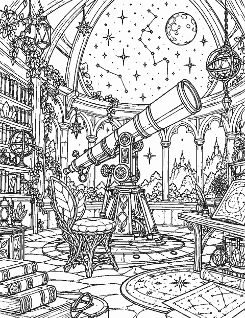 Fairy observatory with a telescope and star maps coloring page