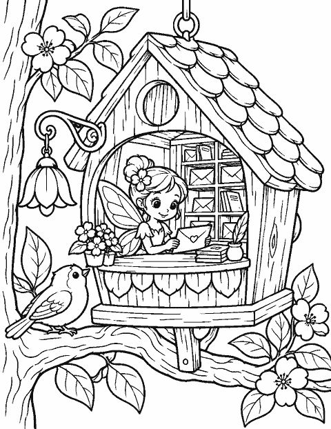 Fairy post office hidden in a birdhouse coloring page