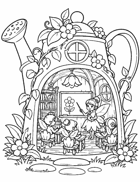 Fairy school inside a watering can coloring page