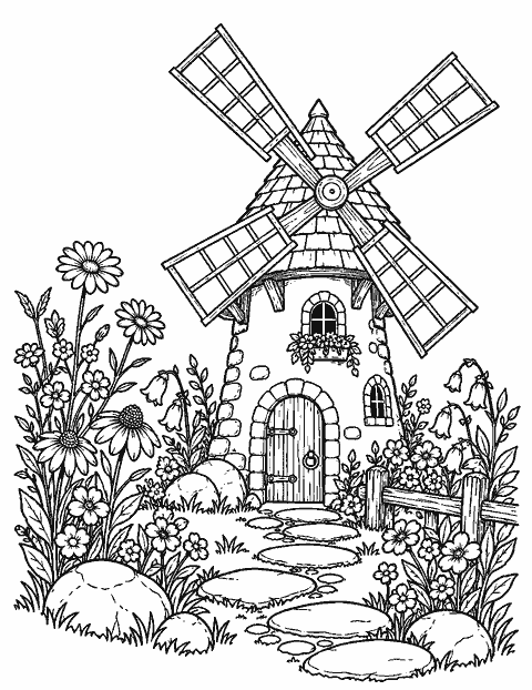 Fairy windmill among wildflowers and stepping stones coloring page