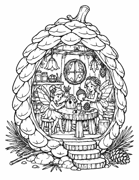 Fairy workshop carved into a pinecone coloring page