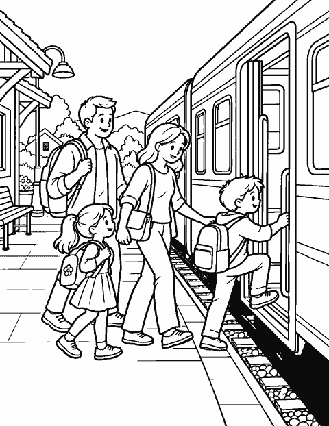 Family boarding a train at a small station coloring page