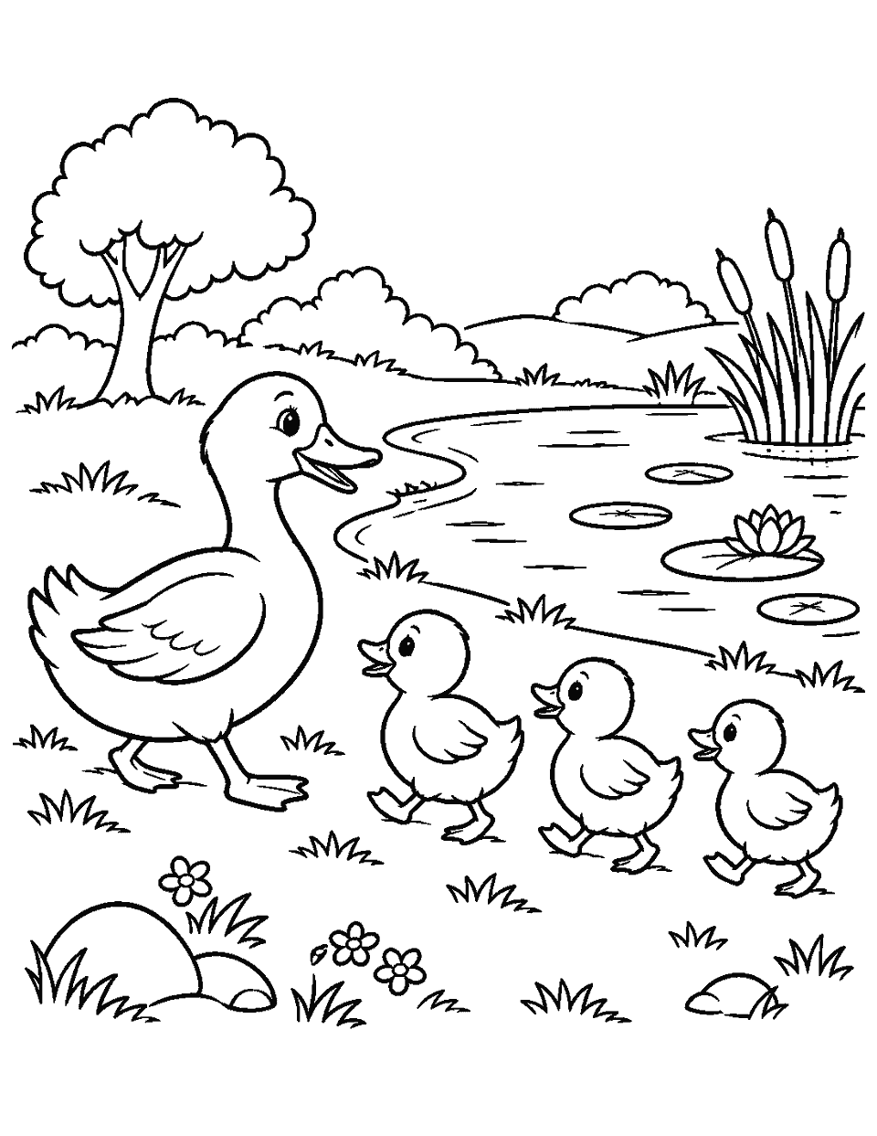 Family of ducks walking toward a pond coloring page, black and white line art