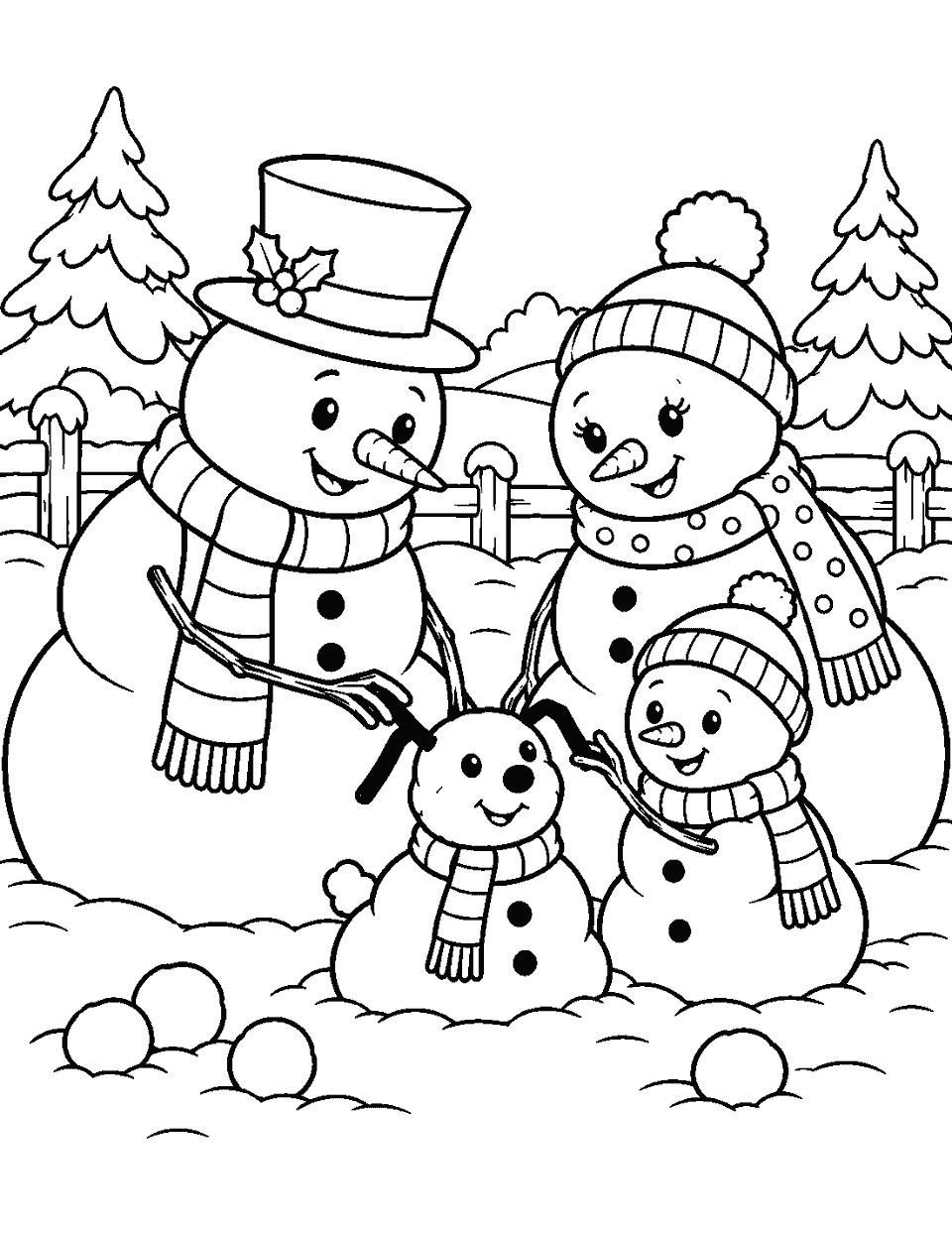Family of snowmen building a tiny snow dog coloring page, black and white line art