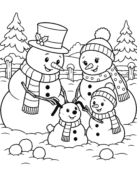 Family of snowmen building a tiny snow dog coloring page