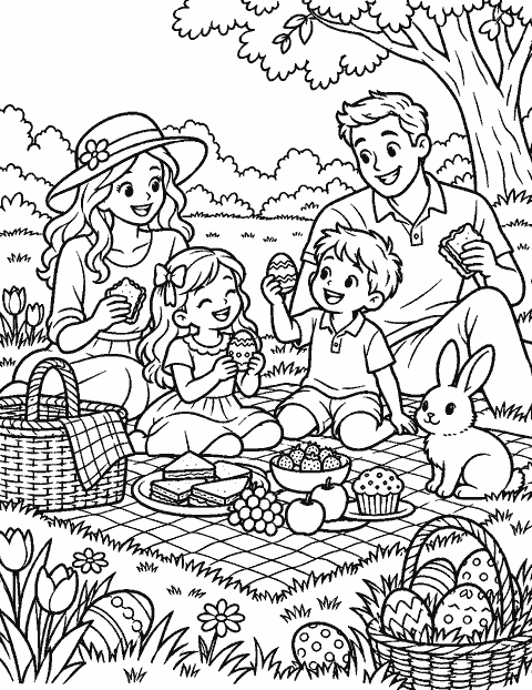 Family picnic after an Easter egg hunt coloring page