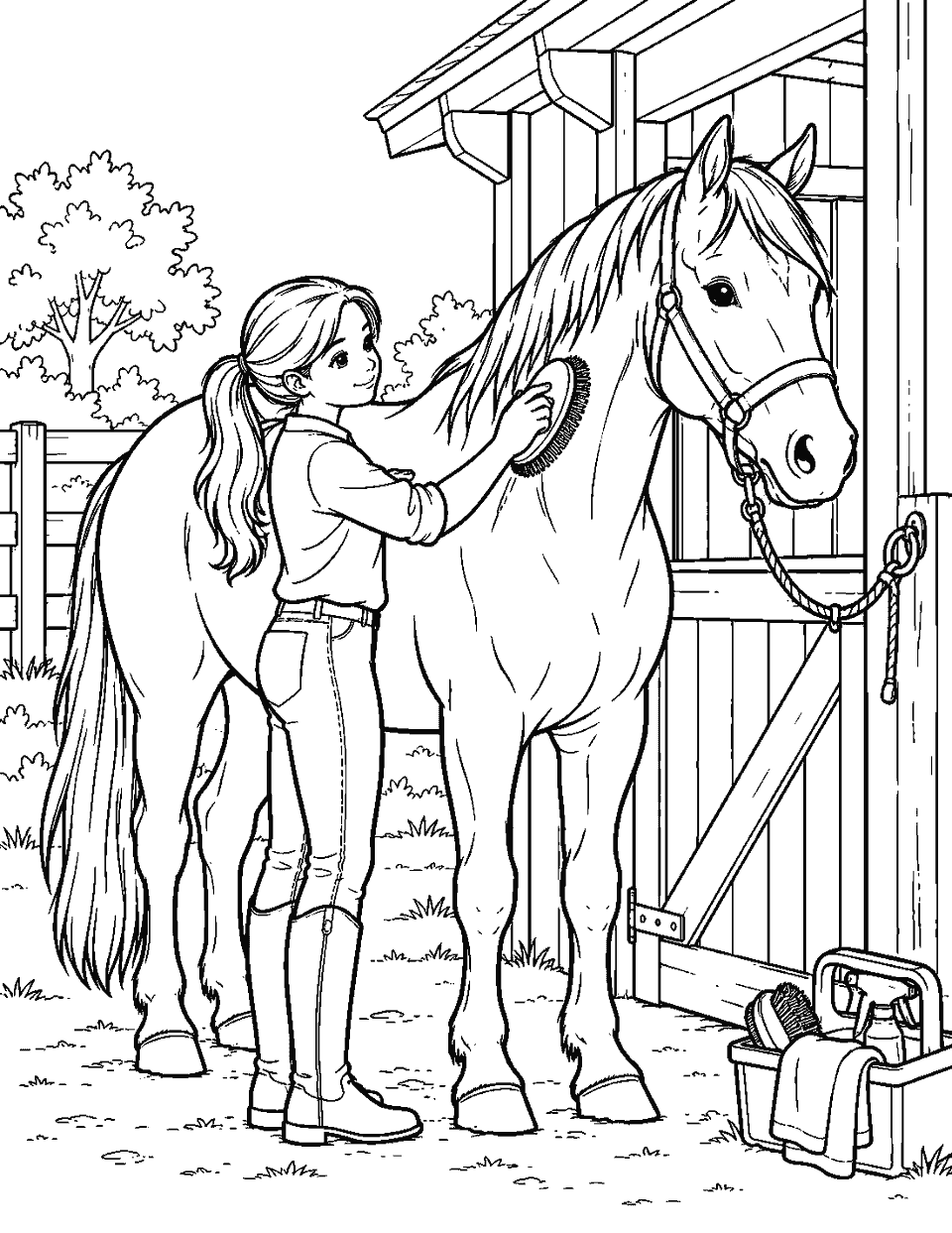 Farm horse being brushed beside its stable coloring page, black and white line art