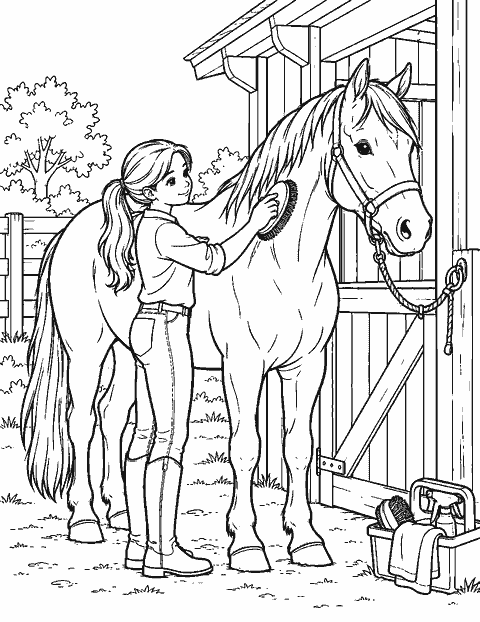Farm horse being brushed beside its stable coloring page