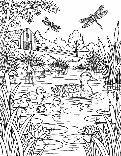 Farm pond with ducks, reeds and dragonflies coloring page