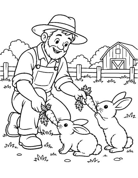 Farmer feeding carrots to two rabbits coloring page