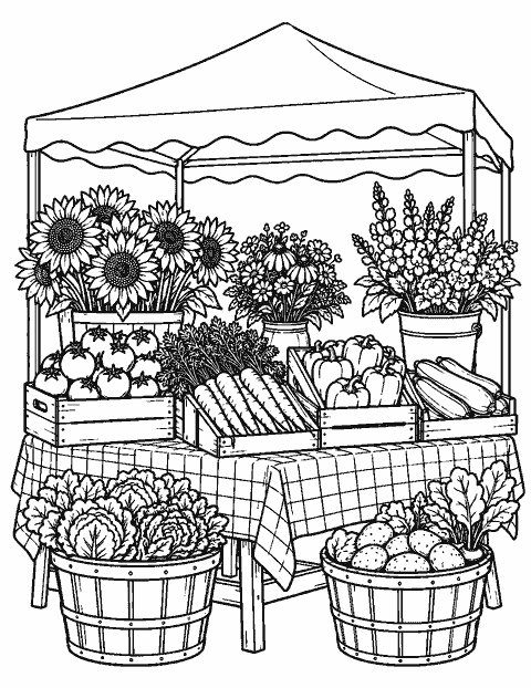 Farmers market table of vegetables and flowers coloring page