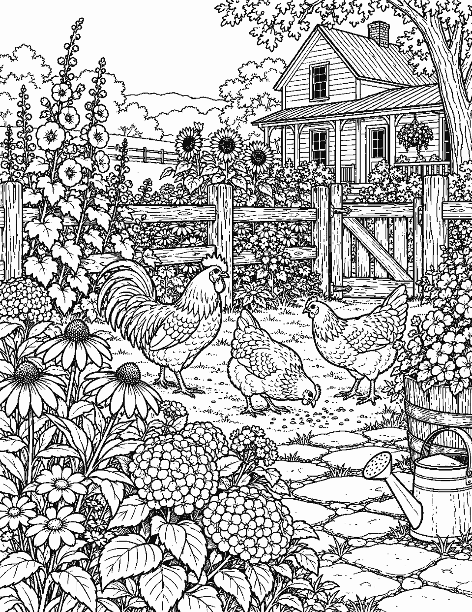Farmhouse garden with chickens, flowers and fencing coloring page, black and white line art