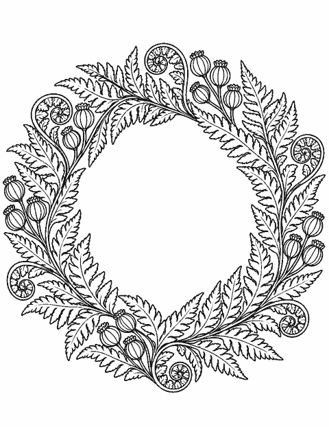 Fern mandala with repeating fronds and seed pods coloring page
