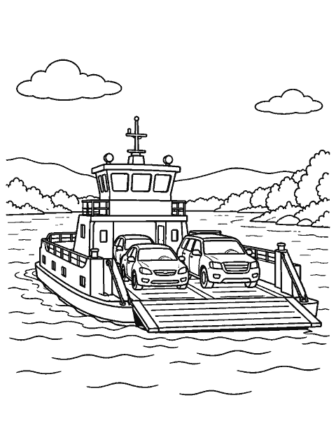 Ferry carrying cars across a river coloring page