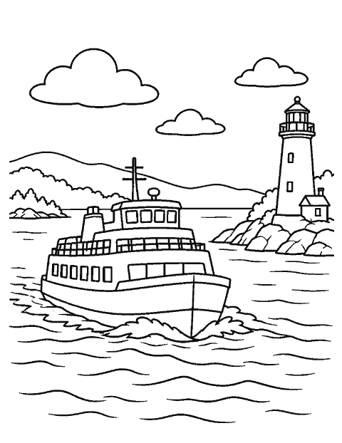 Ferry crossing a bay toward a lighthouse coloring page