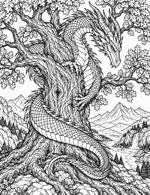 Finely scaled dragon coiled around an ancient oak coloring page