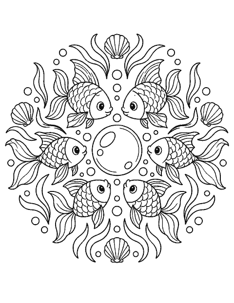 Fish mandala circling a central bubble coloring page