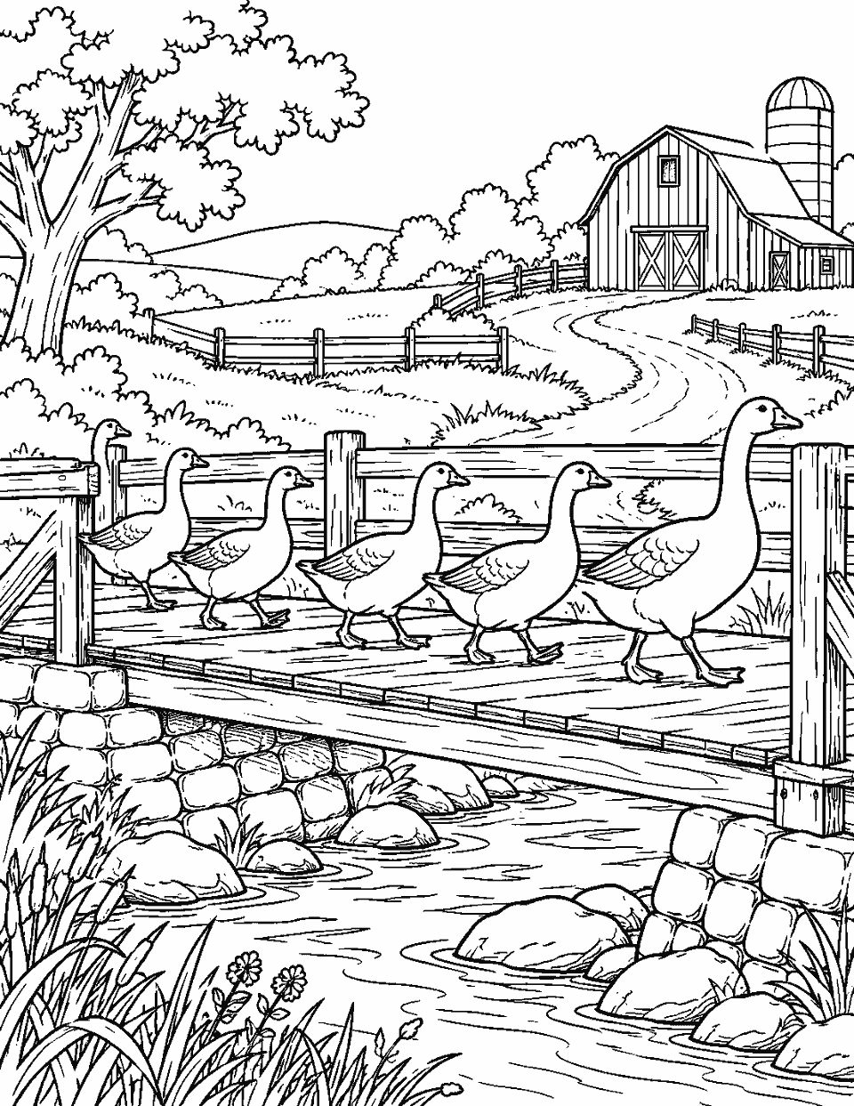 Flock of geese crossing a farm bridge coloring page, black and white line art