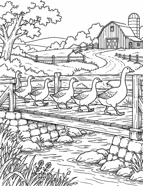 Flock of geese crossing a farm bridge coloring page