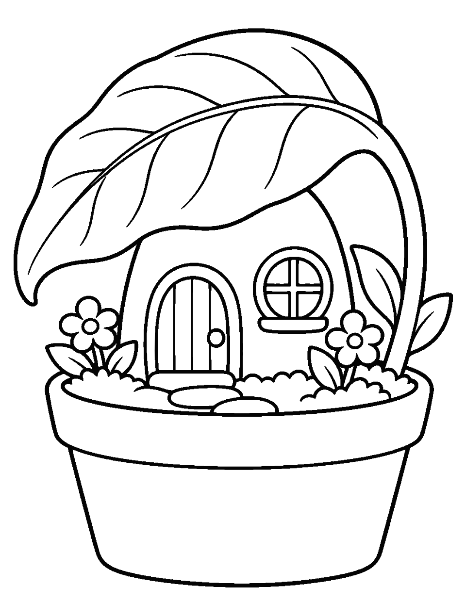Flowerpot cottage under an oversized leaf coloring page, black and white line art