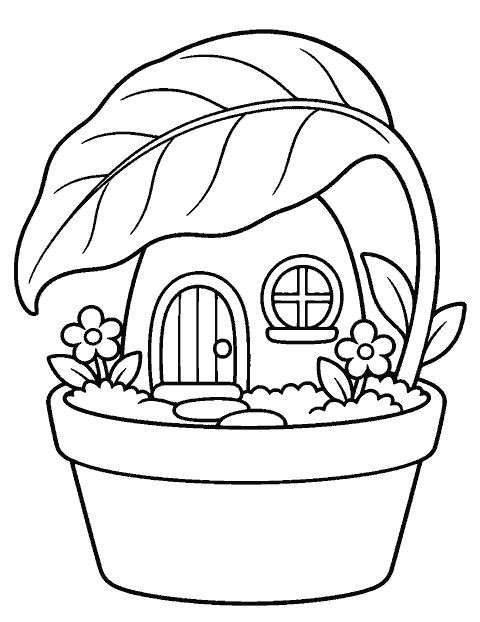 Flowerpot cottage under an oversized leaf coloring page