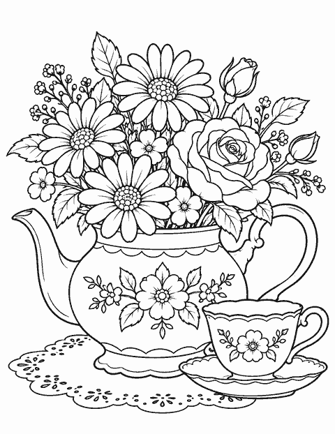 Flowers in a teapot coloring page