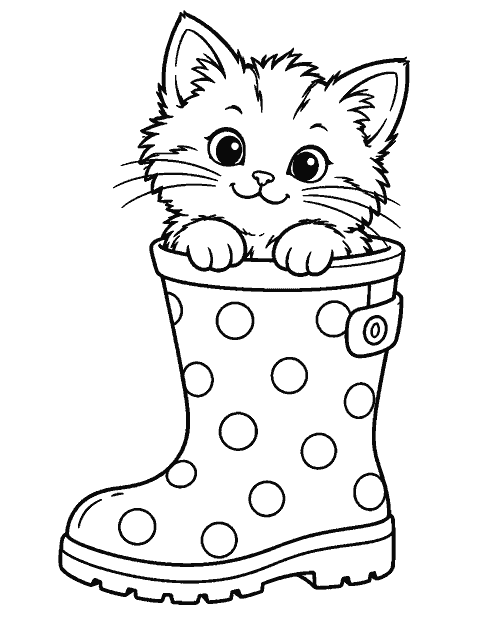 Fluffy kitten peeking out of a rain boot coloring page