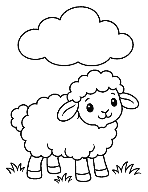 Fluffy sheep under one large cloud coloring page