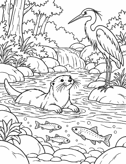 Forest stream with otter, heron and fish coloring page