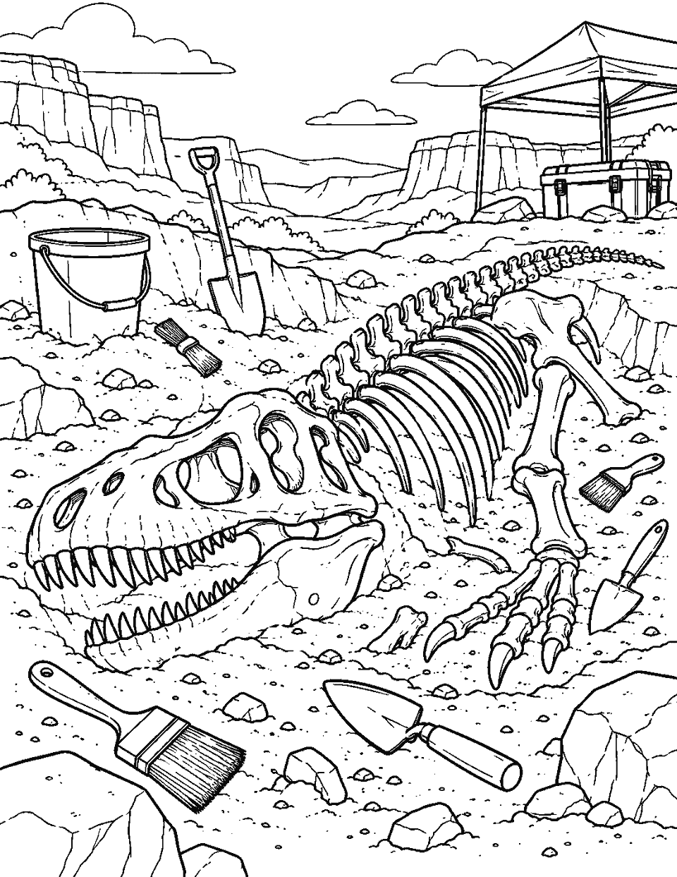 Fossil dig with a dinosaur skeleton emerging from sand coloring page, black and white line art