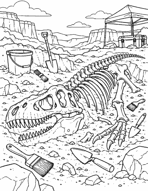 Fossil dig with a dinosaur skeleton emerging from sand coloring page
