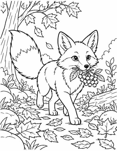 Fox carrying berries through autumn leaves coloring page