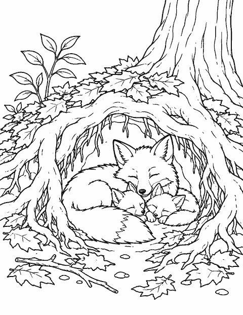 Fox den beneath roots and fallen leaves coloring page