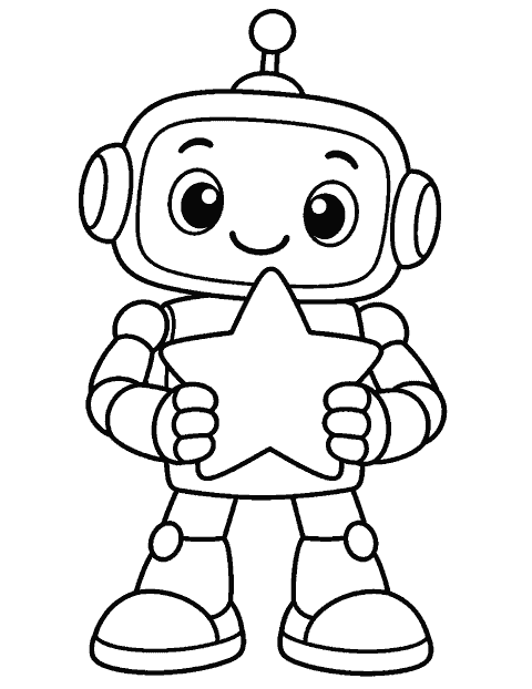 Friendly robot holding a star coloring page