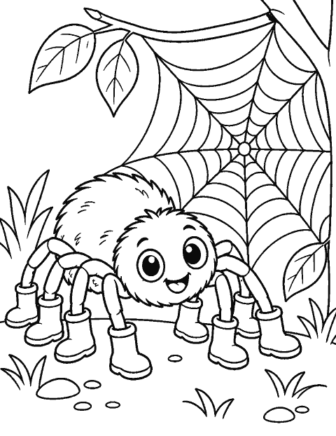 Friendly spider wearing rain boots beside its web coloring page