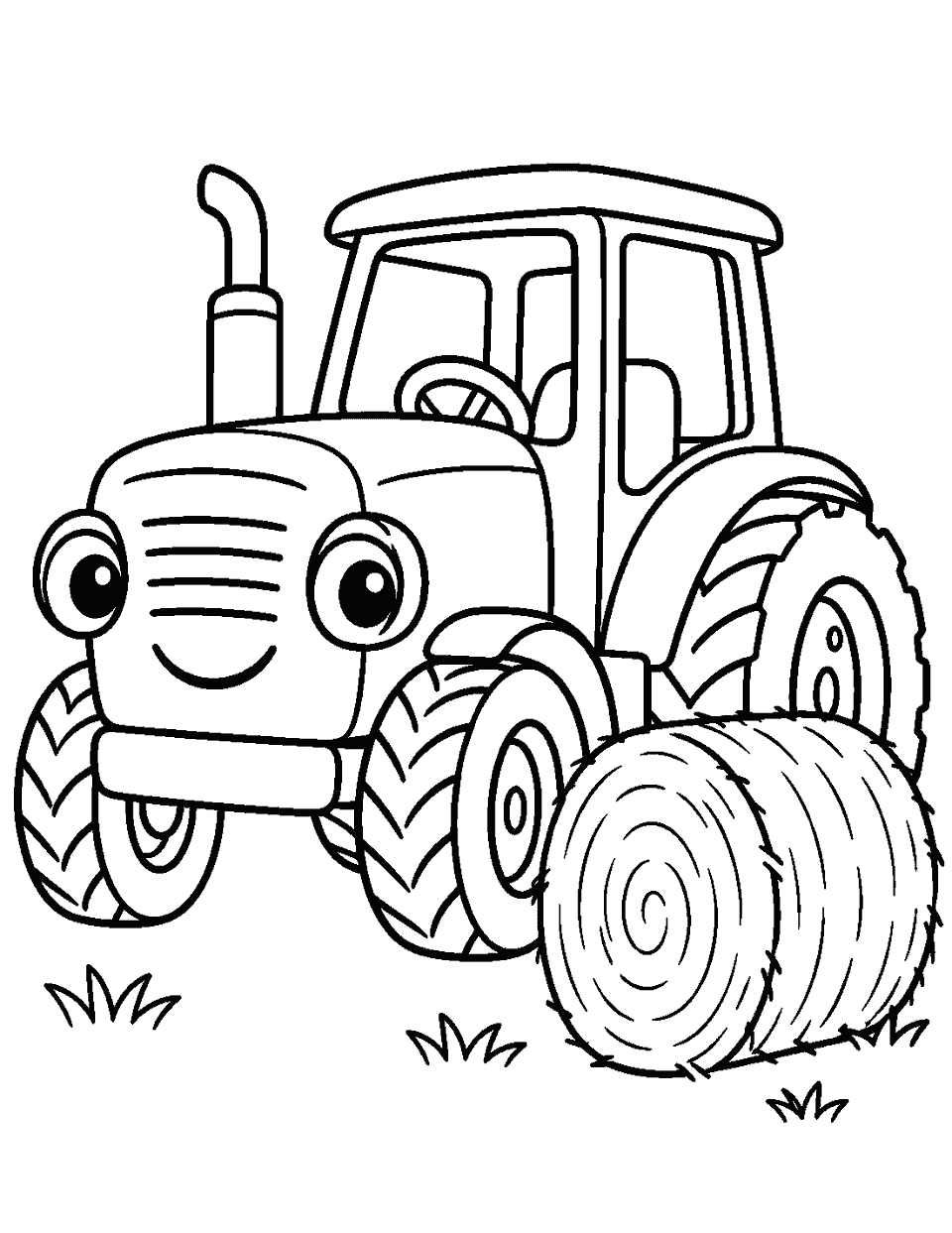 Friendly tractor beside a hay bale coloring page, black and white line art