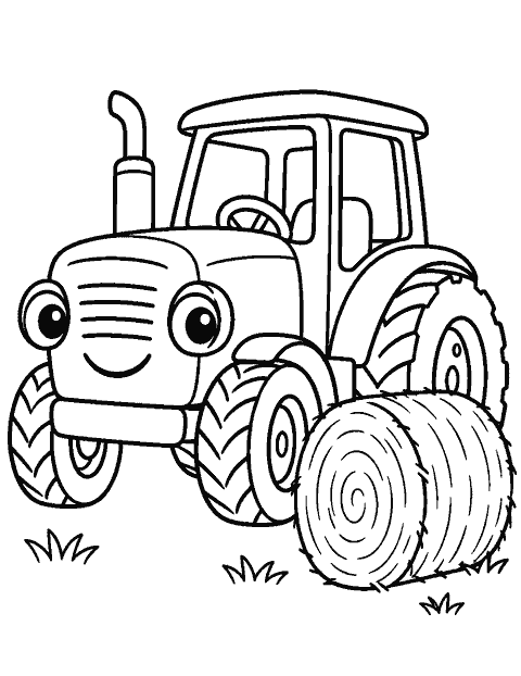 Friendly tractor beside a hay bale coloring page