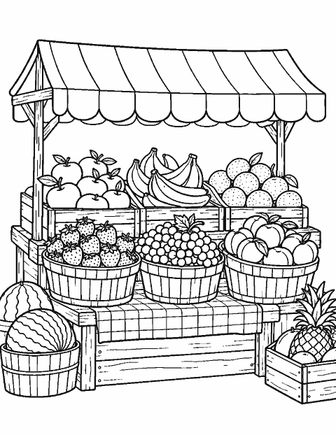 Fruit market stall with baskets of produce coloring page
