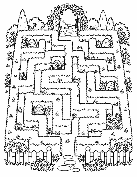 Garden maze with hidden decorated eggs coloring page