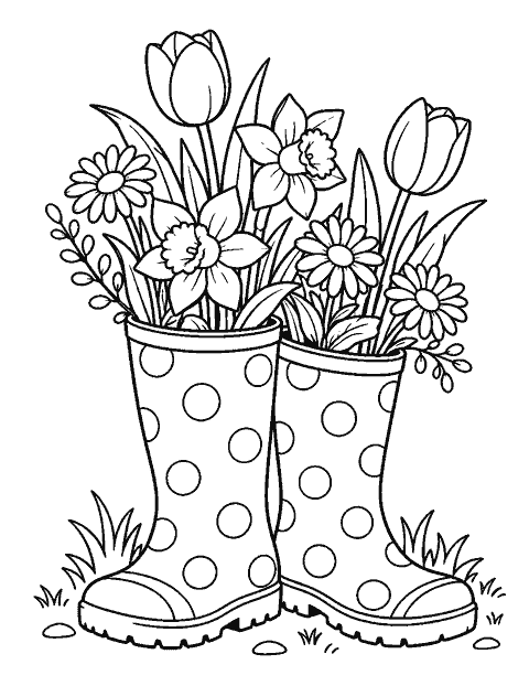 Gardener's boots filled with spring flowers coloring page