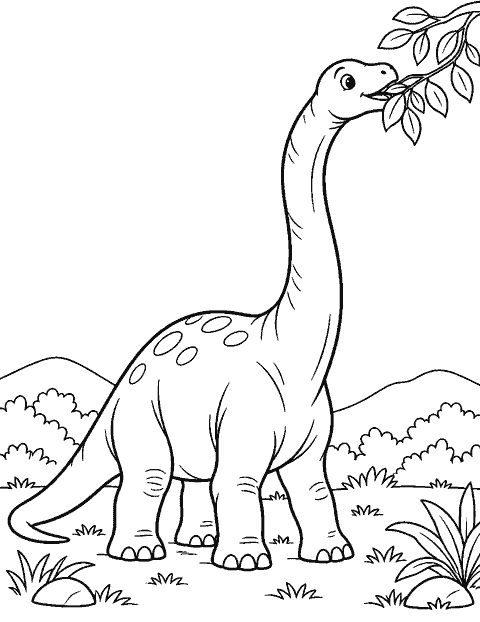 Gentle brontosaurus eating leaves from a branch coloring page