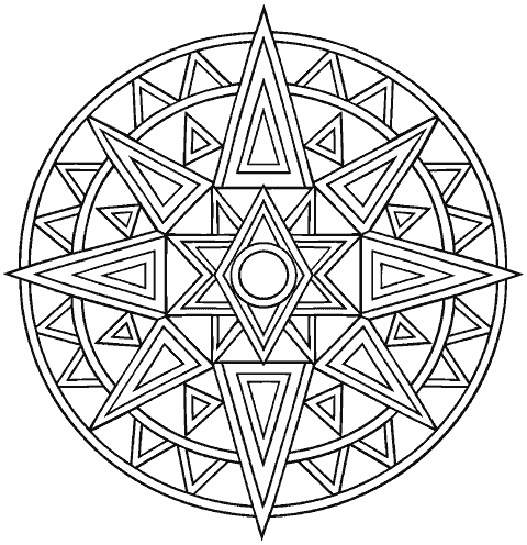 Geometric compass mandala with nested triangles coloring page