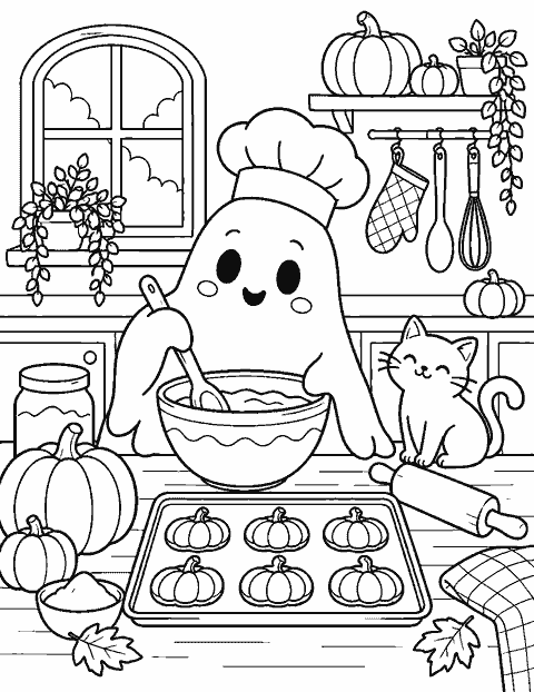 Ghost baking pumpkin cookies in a cozy kitchen coloring page