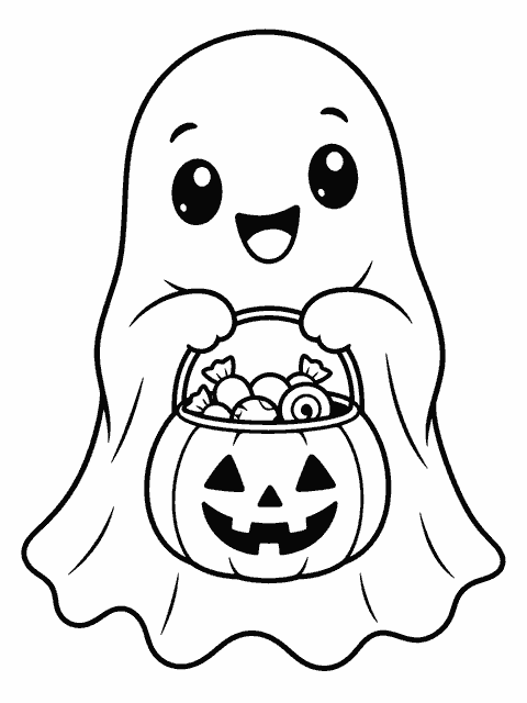 Cute ghost with a candy bucket coloring page