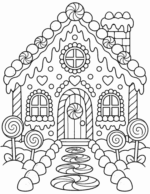 Gingerbread house with a candy roof coloring page