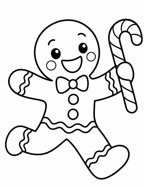 Gingerbread man with a candy cane coloring page