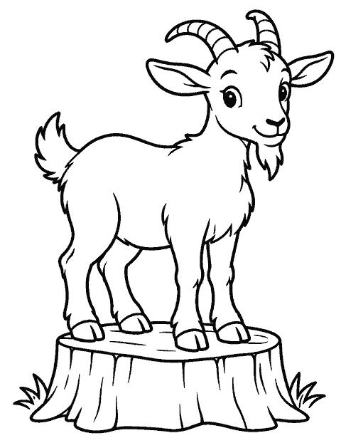 Goat standing on a low stump coloring page